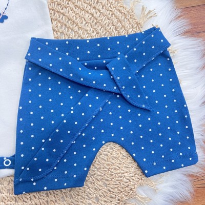 Conj. de Malha 3 peças - Borboletas com Poá - Azul e Off White Conj. de Malha 3 peças - Borboletas com Poá - Azul e Off White